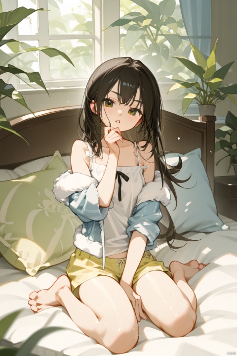 1girl, solo, long hair, looking at viewer, bangs, black hair, bare shoulders, sitting, full body, parted lips, shorts, barefoot, indoors, off shoulder, lips, head tilt, parted bangs, pillow, fur trim, window, on bed, wariza, plant, camisole, white shorts, girl