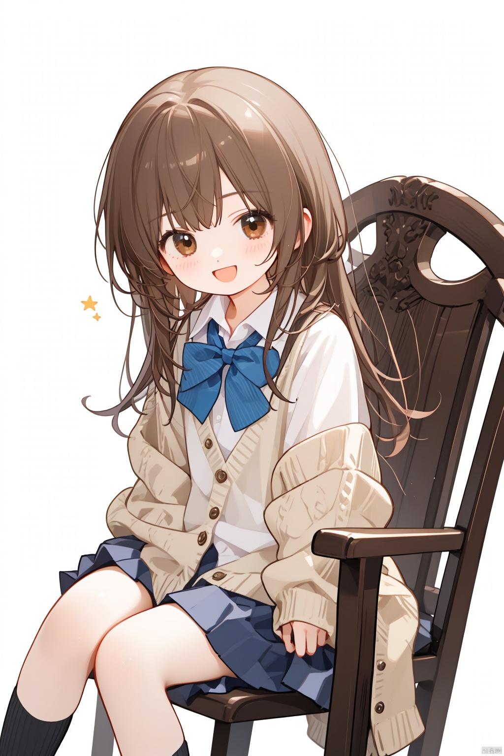 1girl, solo, long hair, looking at viewer, blush, bangs, skirt, simple background, brown hair, shirt, long sleeves, white background, bow, brown eyes, sitting, closed mouth, school uniform, white shirt, pleated skirt, striped, :D, collared shirt, bowtie, black skirt, sleeves past wrists, blue bow, cardigan, striped bow, blue bowtie, invisible chair, brown cardigan, striped bowtie, (\MBTI\)