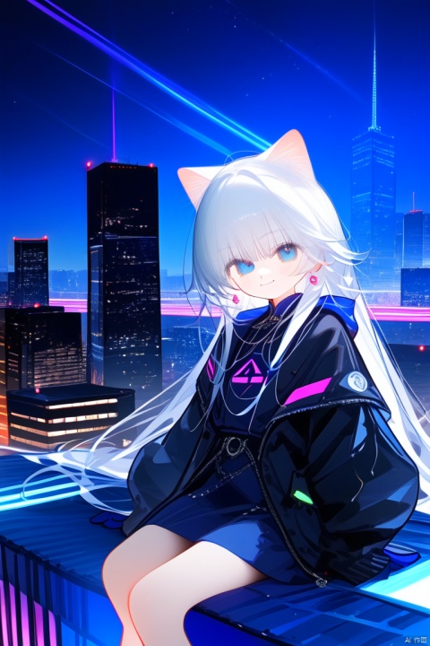  1girl, solo,1girl, solo, long hair, looking at viewer, Beautiful girl, perfect face,smile, 1girl, catgirl, white hair, deep blue eyes, sitting on a rooftop, urban cityscape, night view, neon lights, sleek design, futuristic vibe, confident stance, mysterious aura, cyberpunk setting,contour light, high detail, 8K,cuteloli, nai3, (/qingning/)