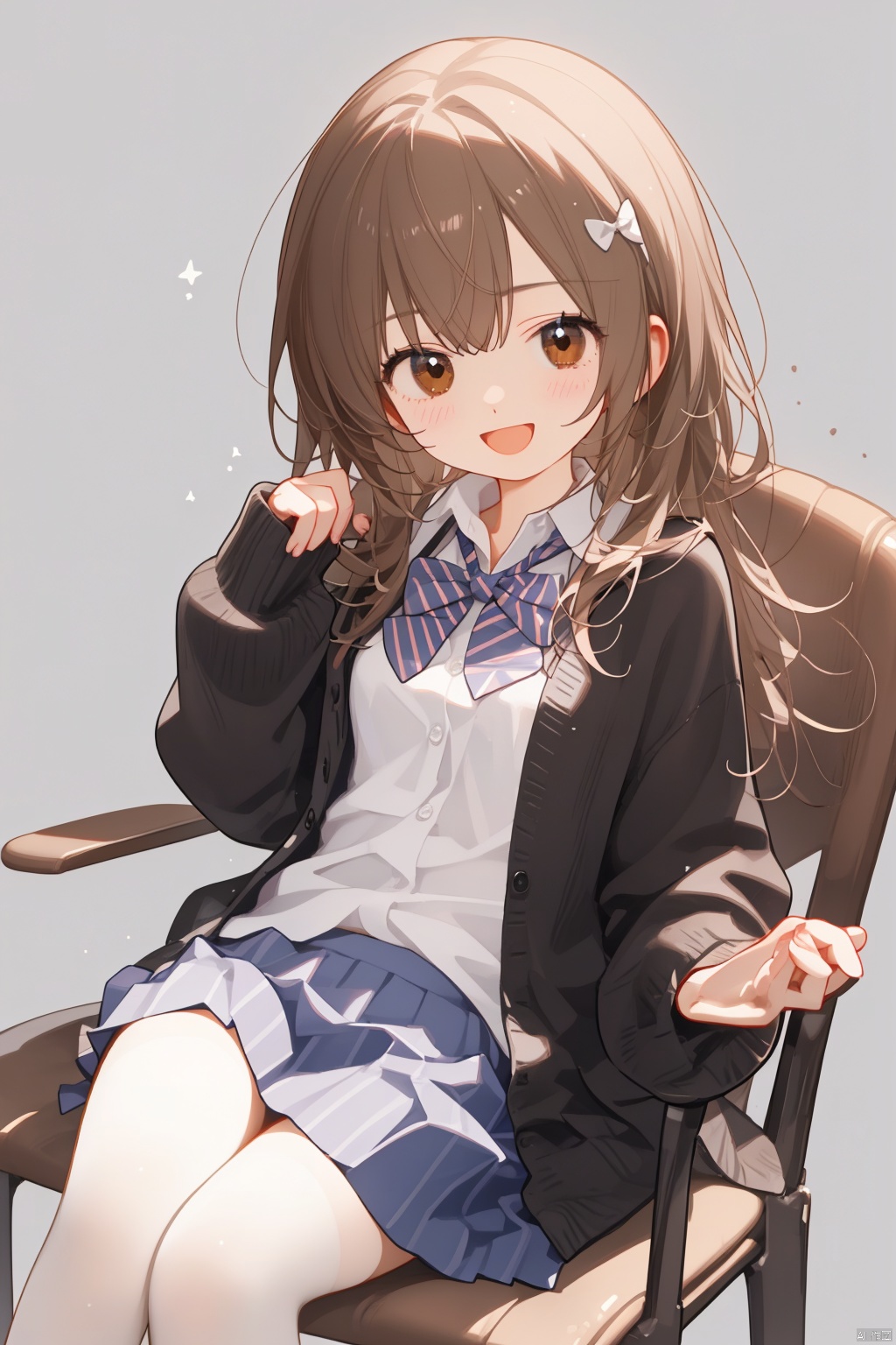 1girl, solo, long hair, looking at viewer, blush, bangs, skirt, simple background, brown hair, shirt, long sleeves, white background, bow, brown eyes, sitting, closed mouth, school uniform, white shirt, pleated skirt, striped, :D, collared shirt, bowtie, black skirt, sleeves past wrists, blue bow, cardigan, striped bow, blue bowtie, invisible chair, brown cardigan, striped bowtie