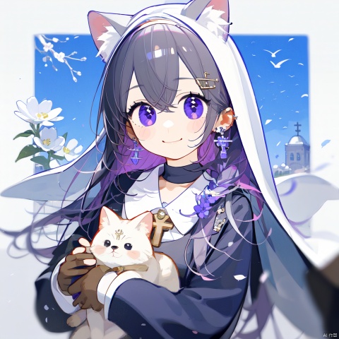 1girl, solo, long hair, breasts, blurry_background, blush, smile, bangs, gloves, long sleeves, nun dress, holding, animal ears, hair between eyes, jewelry, closed mouth, purple eyes, upper body, flower, grey hair, earrings, virtual youtuber, necklace, black dress, animal ear fluff, cross,  holding flower,church, nun, Light and shadow contrast,
