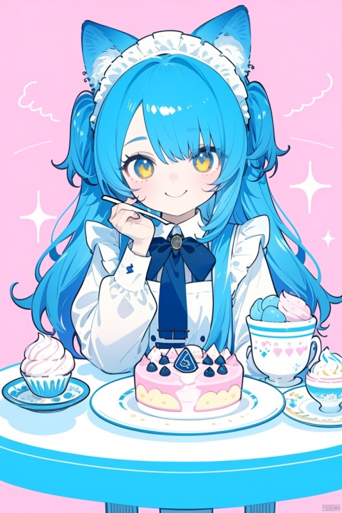  loli, A cute girl sits at a round table with many cakes in fresh and cute colors, catgirl, smile, blue hair, girly_hair, maid_uniform, wink, hand with fork, ice cream, Various desserts, Soft color scheme