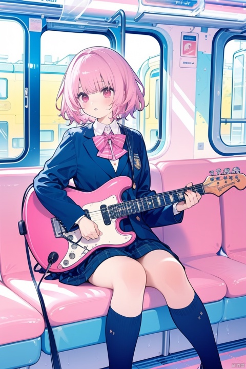 Inside the subway car, a girl, school uniform, panorama, cute girl, playing a guitar, fresh, sitting,pink theme