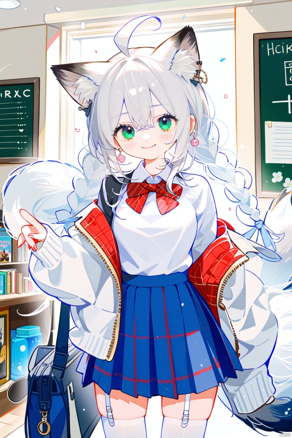  best quality, amazing quality, very aesthetic,single_braid, 1girl, animal_ears, virtual_youtuber, sidelocks, tail, shirakami_fubuki, green_eyes, hair_between_eyes, looking_at_viewer, fox_ears, fox_girl, bangs, fox_tail, braid, skirt, long_hair, white_shirt, blush, thighhighs, cardigan, bag, ahoge, red_bow, solo, shirt, fox_shadow_puppet, bow, white_hair, holding, chalk, indoors, black_thighhighs, red_bowtie, plaid_skirt, bowtie, smile, plaid, school_uniform, petals, yellow_cardigan, pleated_skirt, collared_shirt, hand_in_pocket, red_skirt, pentagram, blurry_background, blurry, chalkboard, jewelry, yellow_sweater, heart, breasts, earrings, small_breasts, long_sleeves, backlight