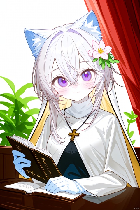  Character Features:

1girl, solo, long hair, breasts, blurry_background, blush, smile, bangs, gloves, long sleeves, nun dress, holding, animal ears, hair between eyes, jewelry, closed mouth, purple eyes, upper body, flower, white hair, virtual youtuber, necklace, black dress, animal ear fluff, cross, holding flower,church, nun,
Color Suggestions:

Use soft, warm tones like pink, beige, or light purple to create a warm ambiance for the character.

Apply light color contrasts and layers in clothing and background, such as pale blue or off-white, to highlight the figure.

The light and shadow should be soft and natural, simulating natural light to achieve a warm and inviting effect.

Background Suggestions:

Keep it simple, blurry background, using light-toned, undisturbed backgrounds or natural elements like distant hills or gently fluttering curtains to complement the character's tranquility and softness.

Consider adding a few faint flowers or delicate plant details to enhance the harmony between the character and her environment.


Posture and Movement:



Relaxed and natural posture, either sitting or standing, with gentle movements such as lightly touching a flower, playing with a cat, or quietly reading a book.

Ensure smooth and graceful hand lines to convey the character's gentleness and delicacy.


I hope these suggestions inspire you as you create your gentle female character. Remember to relax and enjoy the process, infusing the character with your own emotions and stories., nai3