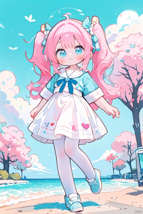  masterpiece, solo,loli, pinkhair,blue eyes,ponytail, blush, frilled shirt collar,girly hair,fipped hair,floating hair,(petite),(loli),(solo),blank stare,:3 , white ribbon, (full body),blue sky,cloudy,white serafuku,white skirt,active pose,jump,walk,different pose, 
Contrast between warm and cold, colors, 372089, cuteloli, CH, white pantyhose