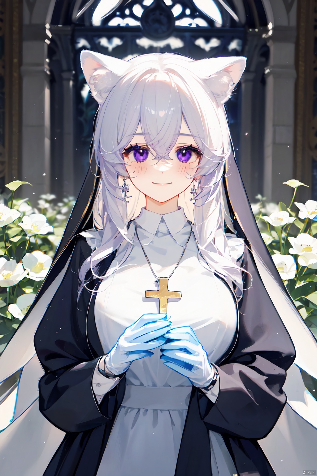 1girl, solo, long hair, breasts, blurry_background, blush, smile, bangs, gloves, long sleeves, nun dress, holding, animal ears, hair between eyes, jewelry, closed mouth, purple eyes, upper body, flower, white hair, virtual youtuber, necklace, black dress, animal ear fluff, cross,  holding flower,church, nun, Light and shadow contrast, fairy tale girl