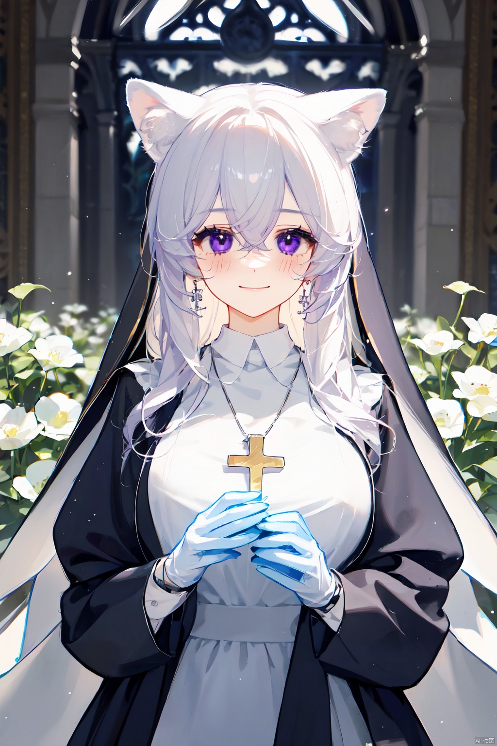 1girl, solo, long hair, breasts, blurry_background, blush, smile, bangs, gloves, long sleeves, nun dress, holding, animal ears, hair between eyes, jewelry, closed mouth, purple eyes, upper body, flower, white hair, virtual youtuber, necklace, black dress, animal ear fluff, cross,  holding flower,church, nun, Light and shadow contrast, fairy tale girl