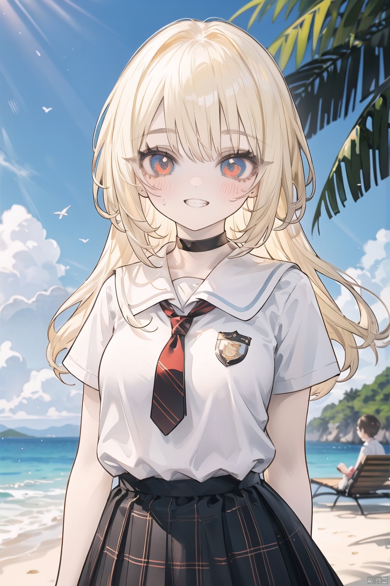 best shadow,movie tonal, cinematic lighting,light rays,petite, loli, masterpiece, best quality, highres, kitagawa marin,outdoors,beach,1girl, solo, blonde hair, long hair, multicolored hair, blush, red eyes, school uniform, white shirt, tied shirt, black choker, blue necktie, plaid skirt, grin, smile, standing,blurry background,