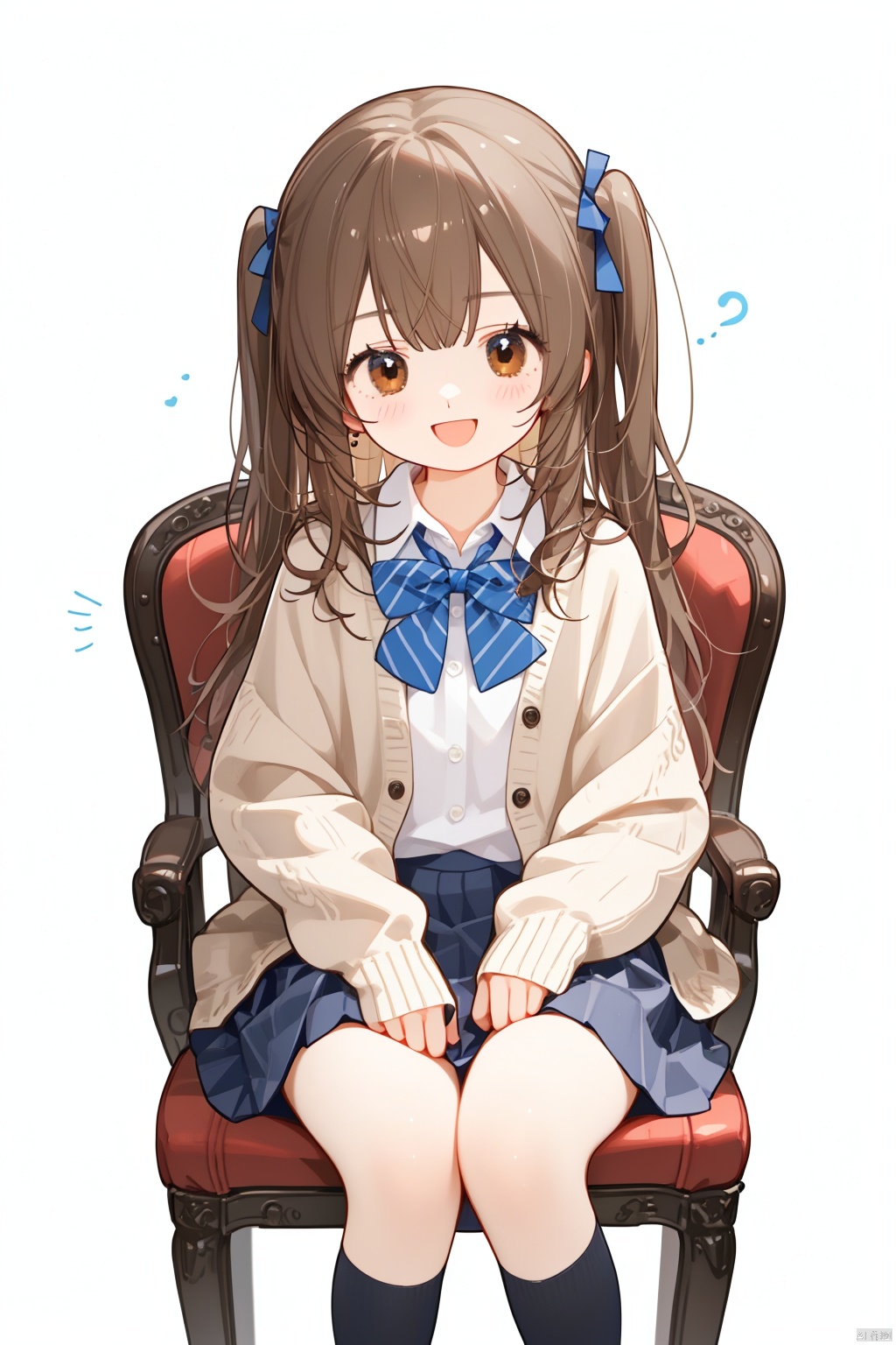 1girl, solo, long hair, looking at viewer, blush, bangs, skirt, simple background, brown hair, shirt, long sleeves, white background, bow, brown eyes, sitting, closed mouth, school uniform, white shirt, pleated skirt, striped, :D, collared shirt, bowtie, black skirt, sleeves past wrists, blue bow, cardigan, striped bow, blue bowtie, invisible chair, brown cardigan, striped bowtie, (\MBTI\)