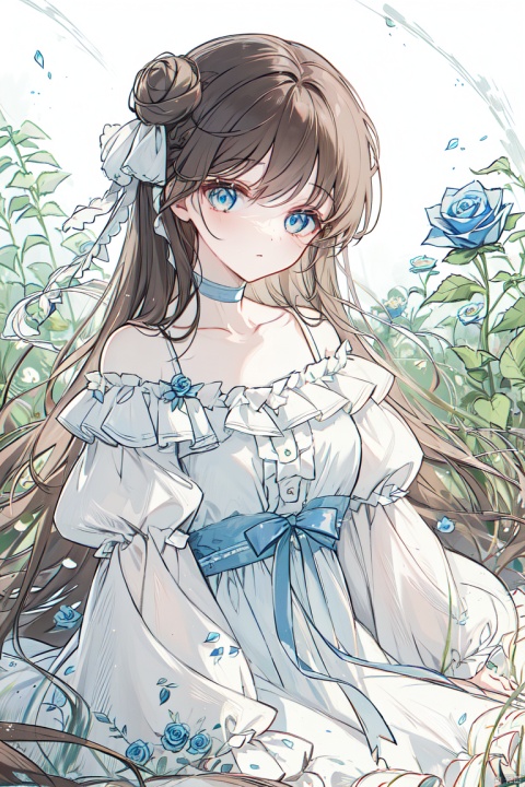  1girl, No bangs, bare_shoulders,beauty face,PERFECT FACE,(white skin with light:1.2) white_bow, blue_eyes, blue_flower, blue_ribbon, blue_rose, bow, choker, closed_mouth, collarbone, double_bun, brown hair, dress, eyebrows_visible_through_hair, flower, frills,hair_flower,  long_hair, long_sleeves, looking_at_viewer, off-shoulder_dress, off_shoulder, ribbon, rose, sitting, sleeves_past_wrists, solo, very_long_hair, white_dress, white_flower, white_rose, wide_sleeves, eluosi