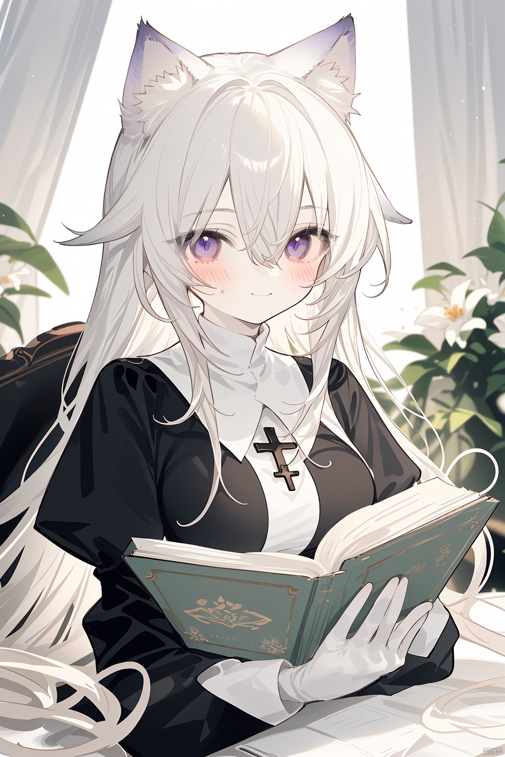  Character Features:

1girl, solo, long hair, breasts, blurry_background, blush, smile, bangs, gloves, long sleeves, nun dress, holding, animal ears, hair between eyes, jewelry, closed mouth, purple eyes, upper body, flower, white hair, virtual youtuber, necklace, black dress, animal ear fluff, cross, holding flower,church, nun,
Color Suggestions:

Use soft, warm tones like pink, beige, or light purple to create a warm ambiance for the character.

Apply light color contrasts and layers in clothing and background, such as pale blue or off-white, to highlight the figure.

The light and shadow should be soft and natural, simulating natural light to achieve a warm and inviting effect.

Background Suggestions:

Keep it simple, blurry background, using light-toned, undisturbed backgrounds or natural elements like distant hills or gently fluttering curtains to complement the character's tranquility and softness.

Consider adding a few faint flowers or delicate plant details to enhance the harmony between the character and her environment.


Posture and Movement:



Relaxed and natural posture, either sitting or standing, with gentle movements such as lightly touching a flower, playing with a cat, or quietly reading a book.

Ensure smooth and graceful hand lines to convey the character's gentleness and delicacy.


I hope these suggestions inspire you as you create your gentle female character. Remember to relax and enjoy the process, infusing the character with your own emotions and stories., nai3