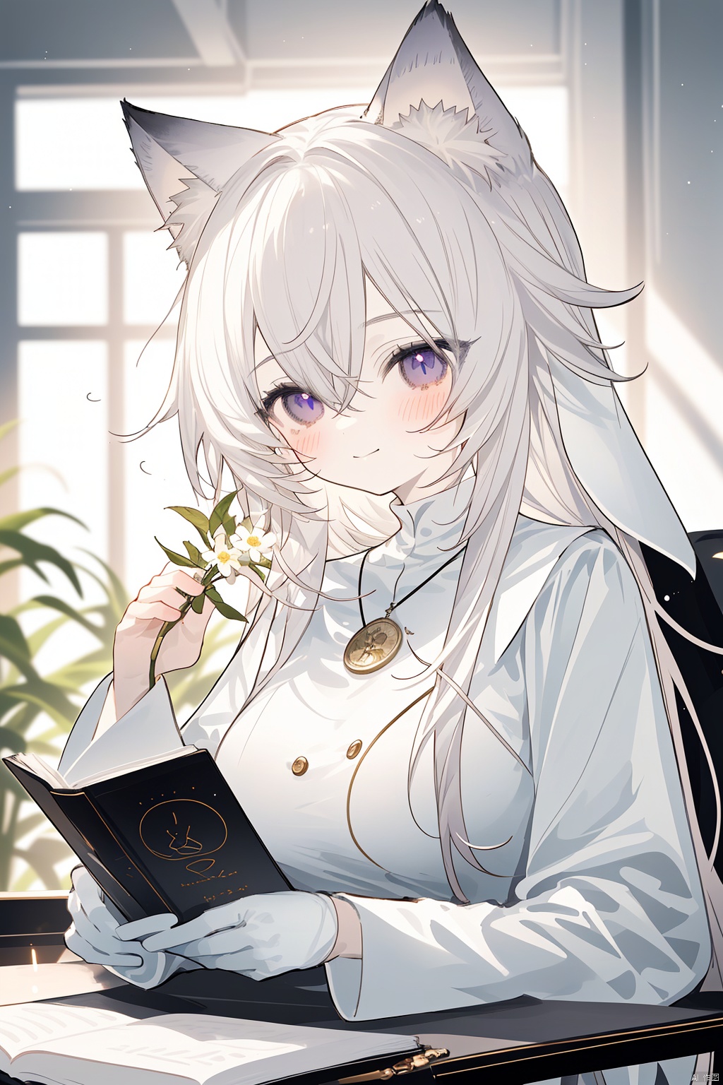  Character Features:

1girl, solo, long hair, breasts, blurry_background, blush, smile, bangs, gloves, long sleeves, nun dress, holding, animal ears, hair between eyes, jewelry, closed mouth, purple eyes, upper body, flower, white hair, virtual youtuber, necklace, black dress, animal ear fluff, cross, holding flower,church, nun,
Color Suggestions:

Use soft, warm tones like pink, beige, or light purple to create a warm ambiance for the character.

Apply light color contrasts and layers in clothing and background, such as pale blue or off-white, to highlight the figure.

The light and shadow should be soft and natural, simulating natural light to achieve a warm and inviting effect.

Background Suggestions:

Keep it simple, blurry background, using light-toned, undisturbed backgrounds or natural elements like distant hills or gently fluttering curtains to complement the character's tranquility and softness.

Consider adding a few faint flowers or delicate plant details to enhance the harmony between the character and her environment.


Posture and Movement:



Relaxed and natural posture, either sitting or standing, with gentle movements such as lightly touching a flower, playing with a cat, or quietly reading a book.

Ensure smooth and graceful hand lines to convey the character's gentleness and delicacy.


I hope these suggestions inspire you as you create your gentle female character. Remember to relax and enjoy the process, infusing the character with your own emotions and stories., nai3