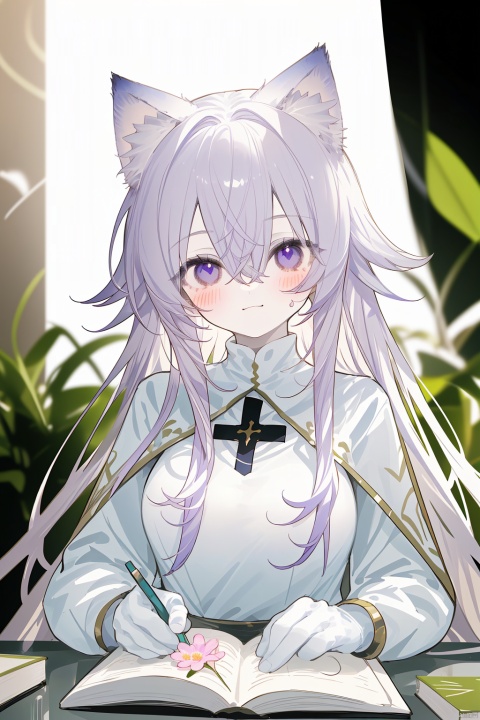  Character Features:

1girl, solo, long hair, breasts, blurry_background, blush, smile, bangs, gloves, long sleeves, nun dress, holding, animal ears, hair between eyes, jewelry, closed mouth, purple eyes, upper body, flower, white hair, virtual youtuber, necklace, black dress, animal ear fluff, cross, holding flower,church, nun,
Color Suggestions:

Use soft, warm tones like pink, beige, or light purple to create a warm ambiance for the character.

Apply light color contrasts and layers in clothing and background, such as pale blue or off-white, to highlight the figure.

The light and shadow should be soft and natural, simulating natural light to achieve a warm and inviting effect.

Background Suggestions:

Keep it simple, blurry background, using light-toned, undisturbed backgrounds or natural elements like distant hills or gently fluttering curtains to complement the character's tranquility and softness.

Consider adding a few faint flowers or delicate plant details to enhance the harmony between the character and her environment.


Posture and Movement:



Relaxed and natural posture, either sitting or standing, with gentle movements such as lightly touching a flower, playing with a cat, or quietly reading a book.

Ensure smooth and graceful hand lines to convey the character's gentleness and delicacy.


I hope these suggestions inspire you as you create your gentle female character. Remember to relax and enjoy the process, infusing the character with your own emotions and stories., nai3