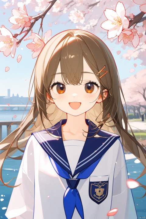  1girl, open_mouth, solo, smile, cherry_blossoms, long_hair, brown_hair, blush, looking_at_viewer, brown_eyes, school_uniform, hair_ornament, serafuku, hairclip, outdoors, tree, sailor_collar, :d, collarbone, day, petals, bangs, white_shirt, blue_sailor_collar, shirt, upper_body, backlight