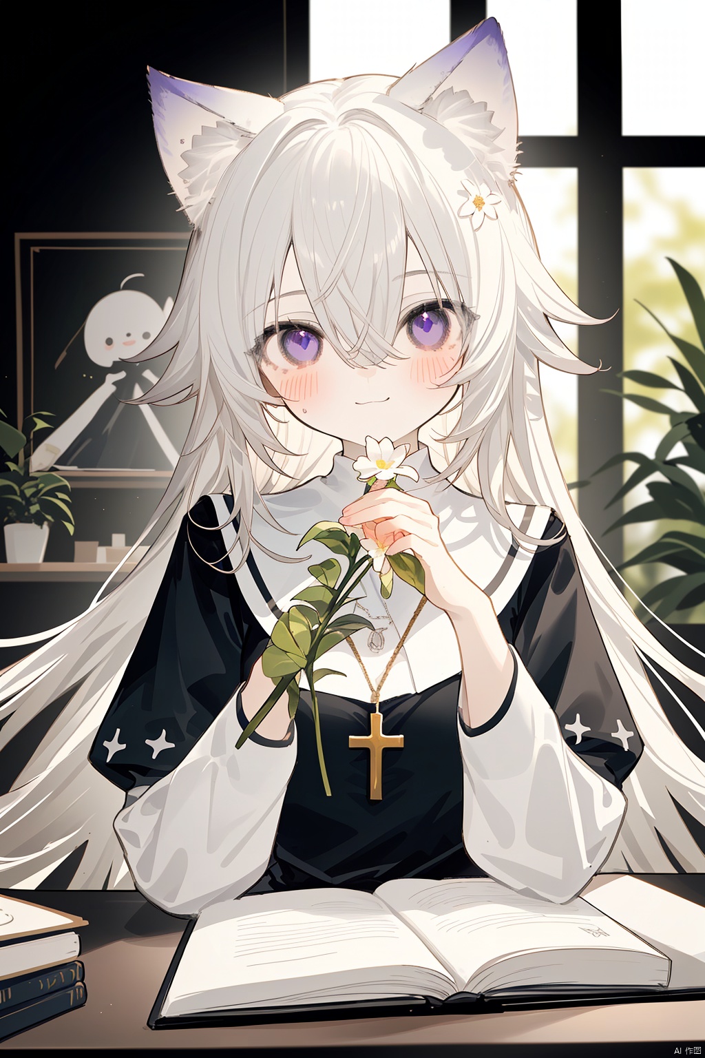  Character Features:

1girl, solo, long hair, breasts, blurry_background, blush, smile, bangs, gloves, long sleeves, nun dress, holding, animal ears, hair between eyes, jewelry, closed mouth, purple eyes, upper body, flower, white hair, virtual youtuber, necklace, black dress, animal ear fluff, cross, holding flower,church, nun,
Color Suggestions:

Use soft, warm tones like pink, beige, or light purple to create a warm ambiance for the character.

Apply light color contrasts and layers in clothing and background, such as pale blue or off-white, to highlight the figure.

The light and shadow should be soft and natural, simulating natural light to achieve a warm and inviting effect.

Background Suggestions:

Keep it simple, blurry background, using light-toned, undisturbed backgrounds or natural elements like distant hills or gently fluttering curtains to complement the character's tranquility and softness.

Consider adding a few faint flowers or delicate plant details to enhance the harmony between the character and her environment.


Posture and Movement:



Relaxed and natural posture, either sitting or standing, with gentle movements such as lightly touching a flower, playing with a cat, or quietly reading a book.

Ensure smooth and graceful hand lines to convey the character's gentleness and delicacy.


I hope these suggestions inspire you as you create your gentle female character. Remember to relax and enjoy the process, infusing the character with your own emotions and stories., nai3