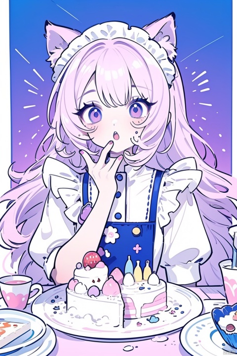 loli, A cute girl sits at a round table with many cakes in fresh and cute colors, catgirl, ;o, lilac hair,  girly_hair, maid_uniform, wink, holding ice cream, Various desserts, Soft color scheme, backlight
