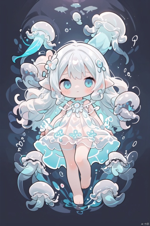  (girl with jellyfish motif:1.3), (flowing translucent dress:1.2), (luminous glow:1.3), (long wavy hair resembling tentacles:1.2), (delicate and graceful movements:1.3), (underwater ambiance:1.2), (floating effortlessly:1.2), (soft pastel colors:1.1), (ethereal beauty:1.3), (surrounded by small jellyfish:1.2), (gentle expression:1.1), (reflective eyes like deep sea:1.2), (barefoot with delicate feet:1.0), (ambient bubbles around:1.1), (mysterious aura:1.2), nsfw, multiple girls, expression sheet, chibi
