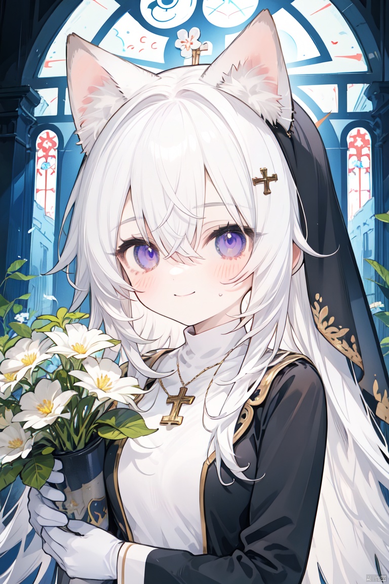  loli, 1girl, solo, long hair, breasts, blurry_background, blush, smile, bangs, gloves, long sleeves, nun dress, holding, animal ears, hair between eyes, jewelry, closed mouth, purple eyes, upper body, flower, white hair, virtual youtuber, necklace, black dress, animal ear fluff, cross, holding flower,church, nun,