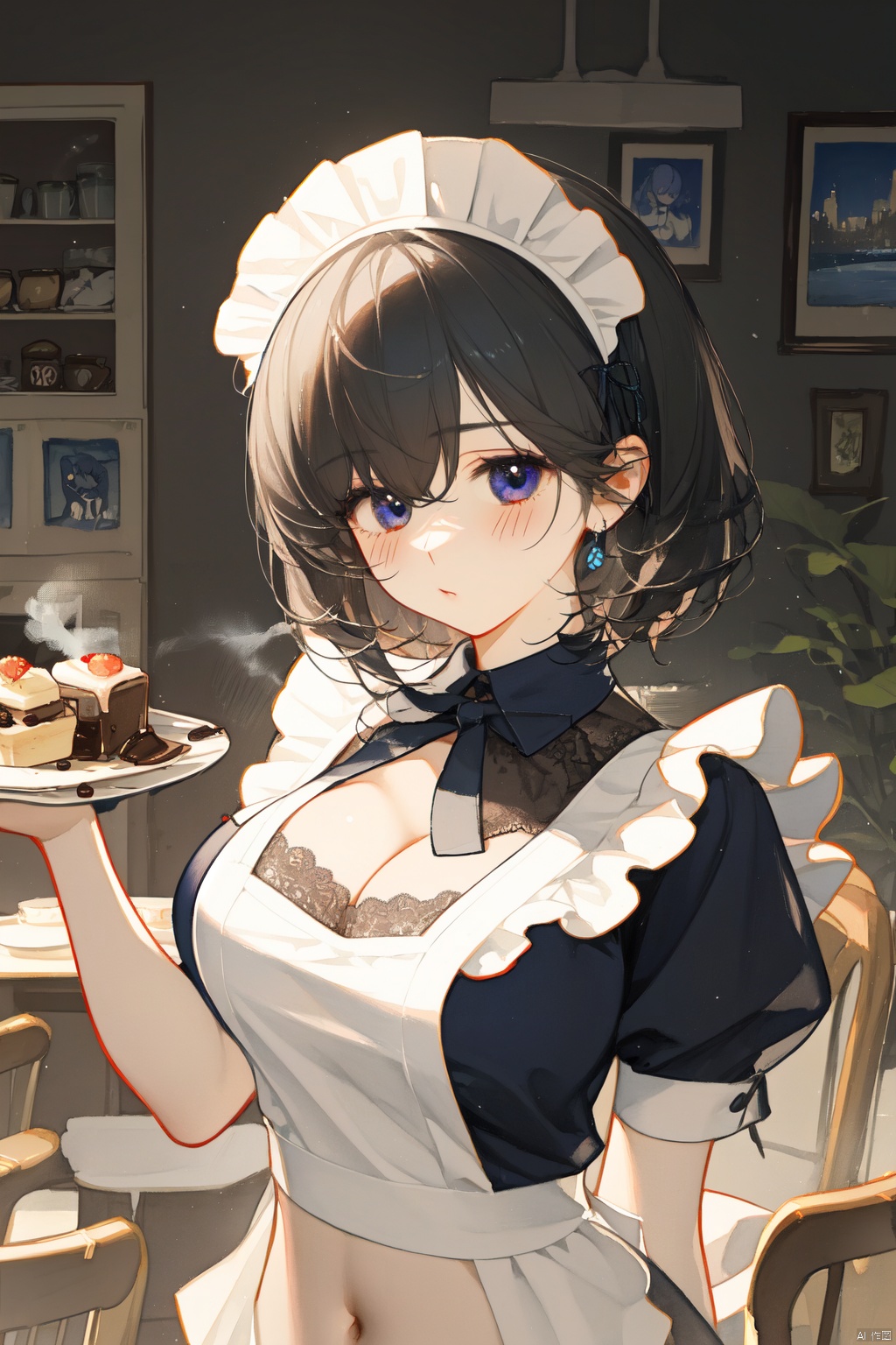 (((Maid Cafe Art))), ((Watercolor painting)), Maid cafe, ((Best quality)), Low angle view, ((Illustration)), (1 girl),blush, big breast, holding a coffee tray, beautiful detailed maid cafe interior, looking at viewer,naked withand white apron, very close to viewers, bare shoulders, lace headband, short bob hair, upper body, lens flare, light leaks, detailed beautiful coffee cups and desserts, maid cafe, black hair, ((Steam)), rising steam flow, navel, (Beautiful detailed eyes), backlight