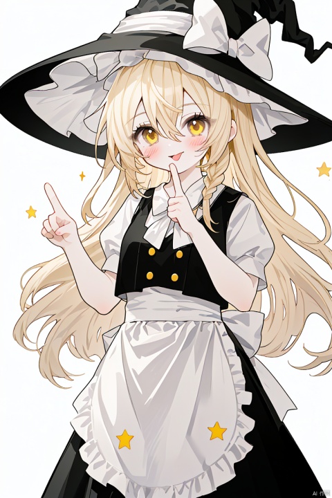  Character Features:
1girl, solo, long hair, looking at viewer, blush, smile, bangs, skirt, blonde hair, simple background, shirt, hat, white background, bow, hair between eyes, yellow eyes, white shirt, braid, short sleeves, hair bow, frills, tongue, puffy sleeves, hand up, tongue out, black skirt, star \(symbol\), apron, vest, black dress, puffy short sleeves, book, single braid, black headwear, witch hat, buttons, white bow, hat bow, waist apron, white apron, index finger raised, broom, black vest, kirisame marisa
Color Suggestions:

Use soft, warm tones like pink, beige, or light purple to create a warm ambiance for the character.

Apply light color contrasts and layers in clothing and background, such as pale blue or off-white, to highlight the figure.

The light and shadow should be soft and natural, simulating natural light to achieve a warm and inviting effect.

Background Suggestions:

blurry background, using light-toned, undisturbed backgrounds or natural elements like distant hills or gently fluttering curtains to complement the character's tranquility and softness.

Consider adding a few faint flowers or delicate plant details to enhance the harmony between the character and her environment.

Ensure smooth and graceful hand lines to convey the character's gentleness and delicacy.