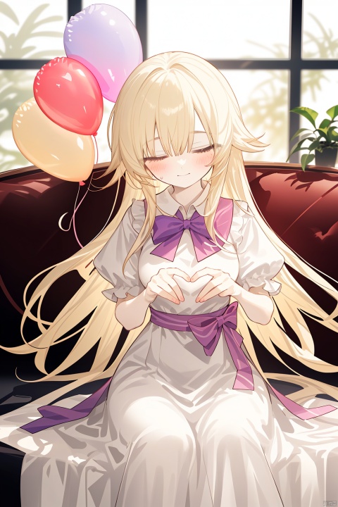  Character Features:

1girl, solo, long hair, breasts, blurry_background, blush, smileballoon, bangs, blonde_hair, blush, bow, closed_mouth, dress, eyebrows_visible_through_hair, frills, gloves, heart, heart_balloon, heart_pillow, holding, long_hair, looking_at_viewer, one_eye_closed, pink_bow,
Color Suggestions:

Use soft, warm tones like pink, beige, or light purple to create a warm ambiance for the character.

Apply light color contrasts and layers in clothing and background, such as pale blue or off-white, to highlight the figure.

The light and shadow should be soft and natural, simulating natural light to achieve a warm and inviting effect.

Background Suggestions:

Keep it simple, blurry background, using light-toned, undisturbed backgrounds or natural elements like distant hills or gently fluttering curtains to complement the character's tranquility and softness.

Consider adding a few faint flowers or delicate plant details to enhance the harmony between the character and her environment.


Posture and Movement:



Relaxed and natural posture,sitting at the sofa,beside the window,

Ensure smooth and graceful hand lines to convey the character's gentleness and delicacy.


I hope these suggestions inspire you as you create your gentle female character. Remember to relax and enjoy the process, infusing the character with your own emotions and stories., nai3