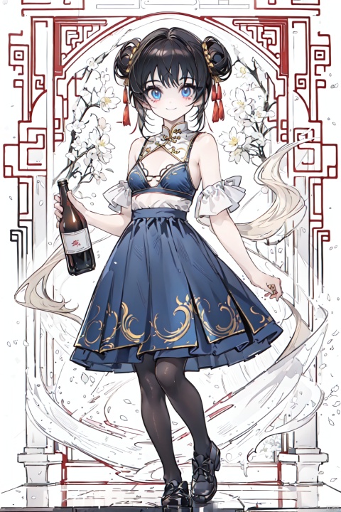 ((masterpiece)), extremely detailed, beautiful detailed deep eyes, 1girl,bare shoulders,black bra,black footwear,black hair,black pantyhose,blue dress,bottle,bra,breasts,china dress,chinese clothes,chun-li (cosplay)cosplay,double bun,dress,hair bun,looking at viewer,pantyhose,smile,solo,standing,standing on one leg