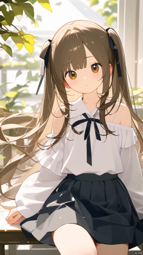  (masterpiece), (best quality), illustration, ultra detailed, hdr, Depth of field, (colorful),Artist weri, 1girl, solo, looking at viewer, leaf, long hair, holding leaf, brown eyes, skirt, long sleeves, off shoulder, hair ribbon, shirt, black skirt, blurry, ribbon, holding, bangs, brown hair, blush, black ribbon, covered mouth, white shirt, depth of field, hand up, blurry background, black shirt
