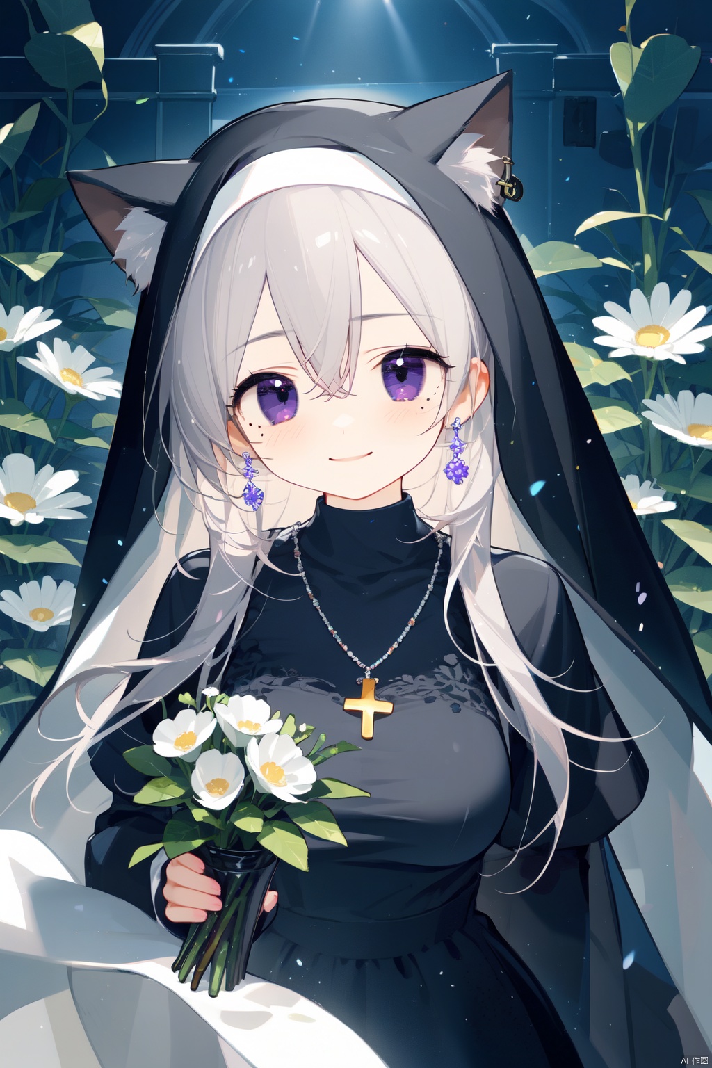 1girl, solo, long hair, breasts, looking at viewer, blush, smile, bangs, gloves, long sleeves, nun dress, holding, animal ears, hair between eyes, jewelry, closed mouth, purple eyes, upper body, flower, grey hair, earrings, virtual youtuber, necklace, mole, black dress, animal ear fluff, cross, white flower, holding flower,church, nun, Light and shadow contrast,
