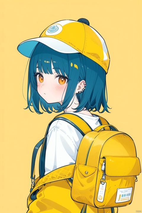 1girl, cuteloli, solo, looking at viewer, blush, bangs, long sleeves, hat, closed mouth, jacket, upper body,  looking back, off shoulder, bag, from behind, orange eyes, white headwear, piercing, backpack, two-tone background, orange jacket, orange theme