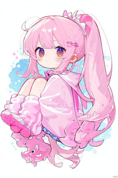 white background, solo,loli,Pink hair,brown eyes,high ponytail,high ponytail, blush, frilled shirt collar,facula,spot,messy hair,fipped hair,floating hair,(petite),(loli),(solo),(pink open jacket),blank stare, pink ribbon, (full body),blue sky,cloudy,white serafuku,white skirt,goldfish