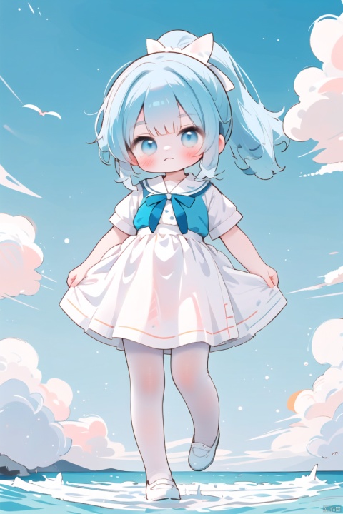  masterpiece, solo,loli, blue hair,blue eyes,high ponytail,high ponytail, blush, frilled shirt collar,facula,spot,messy hair,fipped hair,floating hair,(petite),(loli),(solo),blank stare, white ribbon, (full body),blue sky,cloudy,white serafuku,white skirt,active pose,jump,walk
Contrast between warm and cold, colors, 372089, cuteloli, CH, white pantyhose