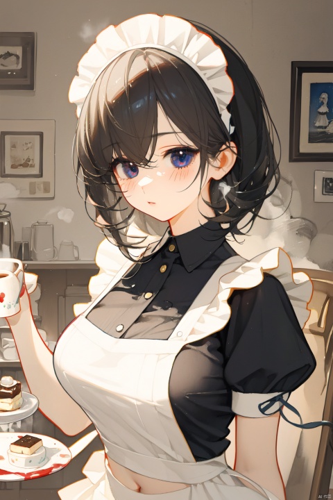 (((Maid Cafe Art))), ((Watercolor painting)), Maid cafe, ((Best quality)), Low angle view, ((Illustration)), (1 girl),blush, big breast, holding a coffee tray, beautiful detailed maid cafe interior, looking at viewer, a detailed maid outfit naked withand white apron, very close to viewers, bare shoulders, lace headband, focus on face, short bob hair, upper body, lens flare, light leaks, detailed beautiful coffee cups and desserts, maid cafe, black hair, black and white clothes,  ((Steam)), rising steam flow, navel, (Beautiful detailed eyes), backlight