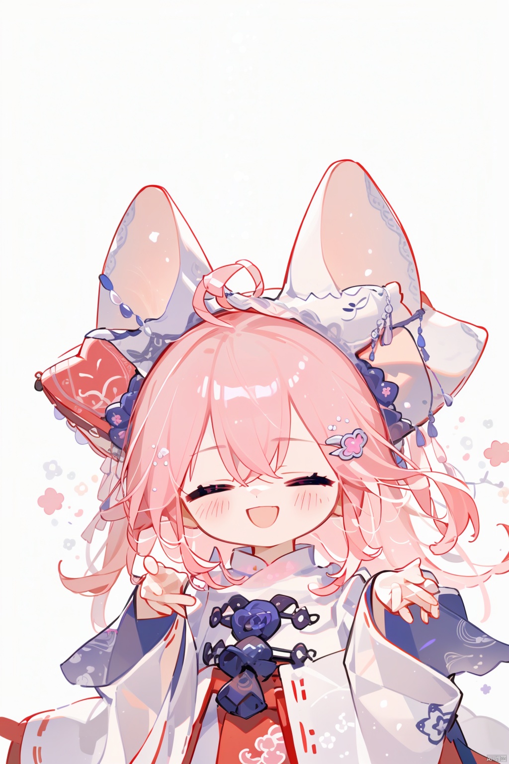1girl, solo, long hair, blush, smile, open mouth, bangs, simple background, hair ornament, long sleeves, white background, animal ears, hair between eyes, closed eyes, upper body, pink hair, japanese clothes, wide sleeves, chibi, fox ears, ^ ^, yae miko, zhuang