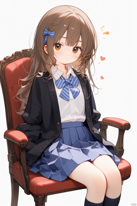 1girl, solo, long hair, looking at viewer, blush, bangs, skirt, simple background, brown hair, shirt, long sleeves, white background, bow, brown eyes, sitting, closed mouth, school uniform, white shirt, pleated skirt, striped, collared shirt, bowtie, black skirt, sleeves past wrists, blue bow, cardigan, striped bow, blue bowtie, invisible chair, brown cardigan, striped bowtie