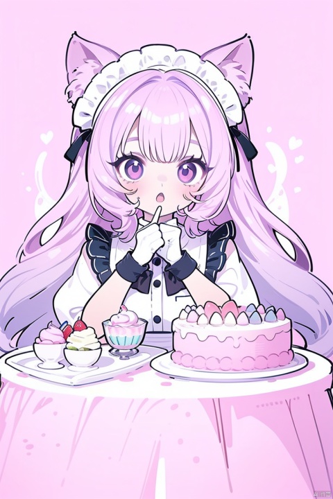 loli, A cute girl sits at a round table with many cakes in fresh and cute colors, catgirl, ;o, lilac hair,  girly_hair, maid_uniform, wink, holding an ice cream, Various desserts, Soft color scheme