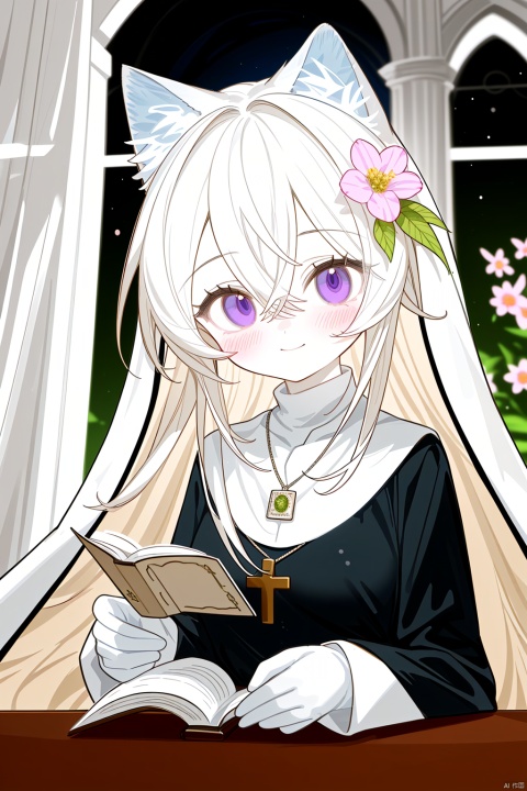  Character Features:

1girl, solo, long hair, breasts, blurry_background, blush, smile, bangs, gloves, long sleeves, nun dress, holding, animal ears, hair between eyes, jewelry, closed mouth, purple eyes, upper body, flower, white hair, virtual youtuber, necklace, black dress, animal ear fluff, cross, holding flower,church, nun,
Color Suggestions:

Use soft, warm tones like pink, beige, or light purple to create a warm ambiance for the character.

Apply light color contrasts and layers in clothing and background, such as pale blue or off-white, to highlight the figure.

The light and shadow should be soft and natural, simulating natural light to achieve a warm and inviting effect.

Background Suggestions:

Keep it simple, blurry background, using light-toned, undisturbed backgrounds or natural elements like distant hills or gently fluttering curtains to complement the character's tranquility and softness.

Consider adding a few faint flowers or delicate plant details to enhance the harmony between the character and her environment.


Posture and Movement:



Relaxed and natural posture, either sitting or standing, with gentle movements such as lightly touching a flower, playing with a cat, or quietly reading a book.

Ensure smooth and graceful hand lines to convey the character's gentleness and delicacy.


I hope these suggestions inspire you as you create your gentle female character. Remember to relax and enjoy the process, infusing the character with your own emotions and stories., nai3