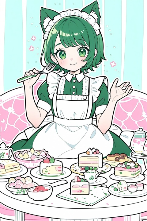  A cute girl sits at a round table with many cakes in fresh and cute colors, catgirl, smile, green hair, short hair, maid_uniform, loli, wink, hand with fork, 