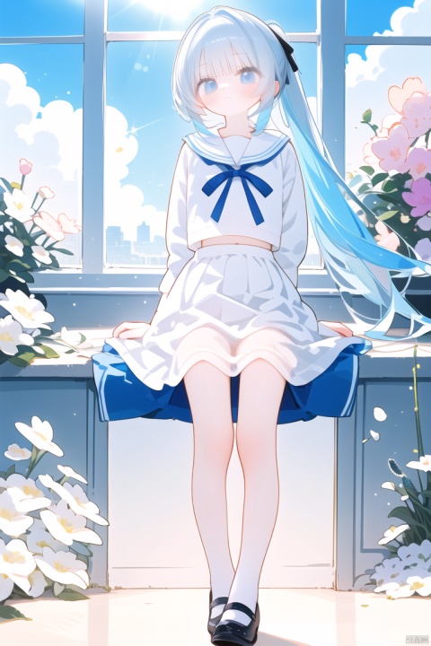  masterpiece, ((ultra-detailed)), (illustration), (detailed light),((an extremely delicate and beautiful)),(beautiful detailed eyes), (sunlight),ultra-detailed, llustration, detailed light,an extremely delicate and beautiful,(beautiful detailed eyes), (rim light),
 white background, solo,loli, blue hair,blue eyes,high ponytail,high ponytail, blush, frilled shirt collar,facula,spot,messy hair,fipped hair,floating hair,(petite),(loli),(solo),blank stare, white ribbon, (full body),blue sky,cloudy,white serafuku,white skirt,
(Holy Light),just like silver stars imploding we absorb the light of day,Contrast between warm and cold, colors, 372089