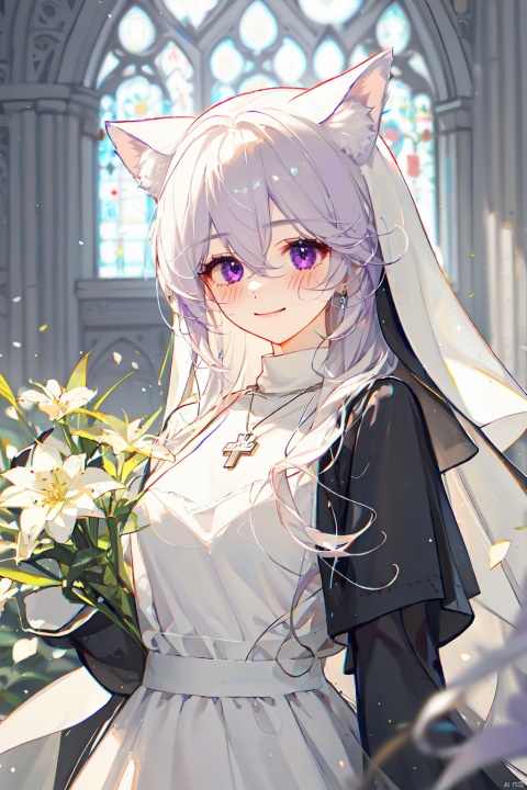 1girl, solo, long hair, breasts, blurry_background, blush, smile, bangs, gloves, long sleeves, nun dress, holding, animal ears, hair between eyes, jewelry, closed mouth, purple eyes, upper body, flower, white hair, virtual youtuber, necklace, black dress, animal ear fluff, cross,  holding flower,church, nun, 