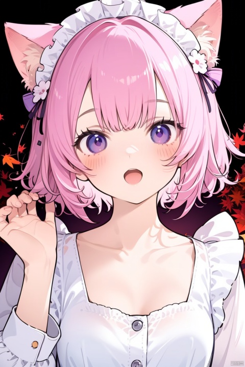 petite, cuteloli, 1girl, solo, Beautiful girl, perfect face, detailed eyes, blush, smile, Center part bangs, maid dress, Gown, bow, ribbon, animal ears, :o , purple eyes, collarbone, upper body, pink hair, fall_leaves,hand up, hand to mouth, high detail, 8K, blurry background, cuteloli, nai3 ,crxixi, pixel, Traptrix style,moyou