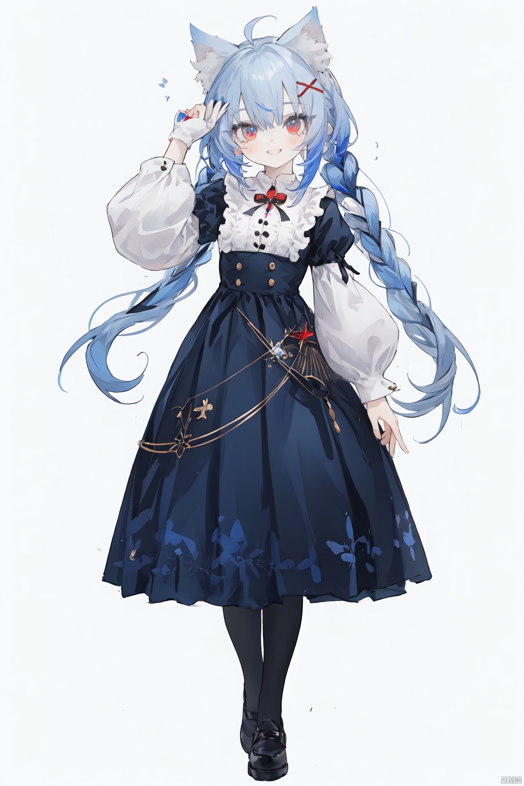 1girl, solo,1girl, solo, long hair, looking at viewer, Beautiful girl, perfect face,smile, 1girl, catgirl, white hair, deep blue eyes,black legwear,red eyes, grey background,long sleeves, looking at viewer, puffy sleeves,blue hair, shoes, solo, guoflinke, cuteloli, nai3, 30710