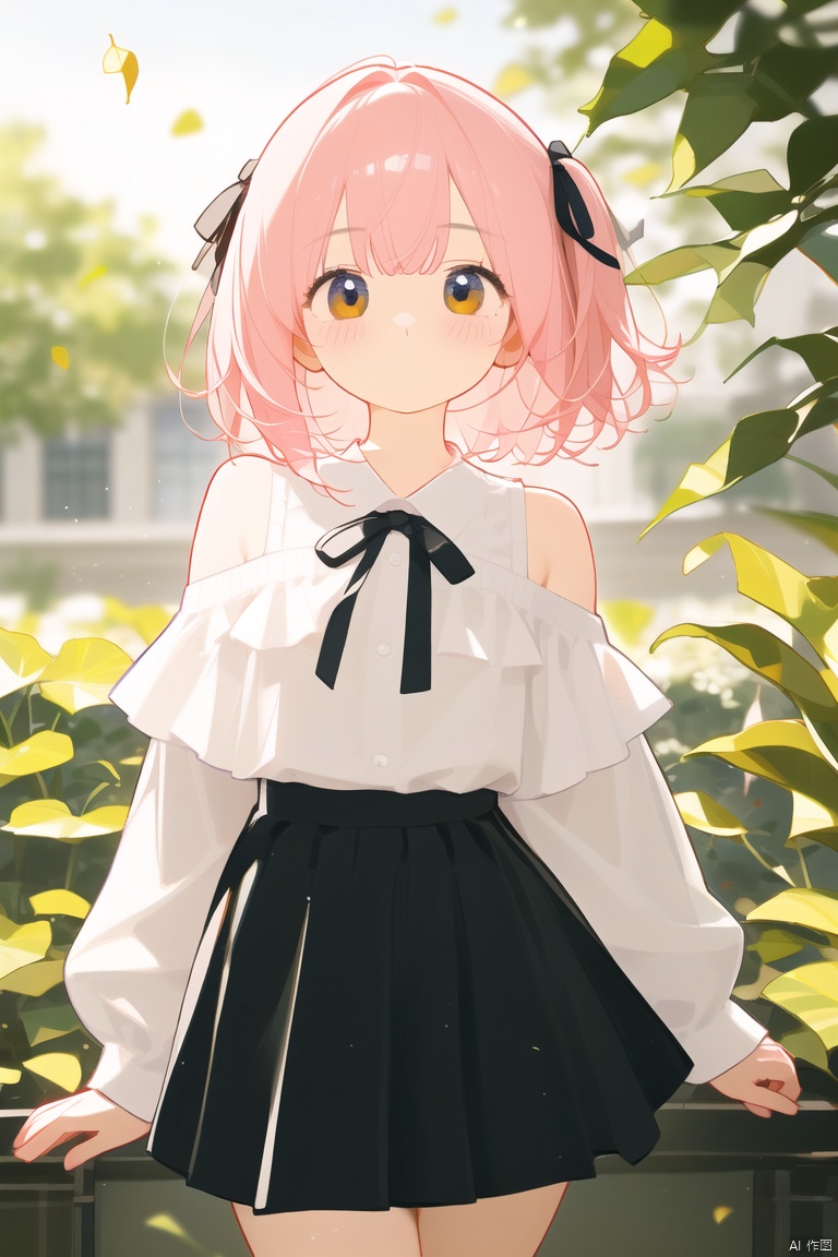  (masterpiece), (best quality), illustration, ultra detailed, hdr, Depth of field, (colorful),Artist weri, 1girl, solo, looking at viewer, leaf, short hair, holding leaf, brown eyes, skirt, long sleeves, off shoulder, hair ribbon, shirt, black skirt, blurry, ribbon, holding, bangs, pink hair, blush, black ribbon, covered mouth, white shirt, depth of field, hand up, blurry background, black shirt
