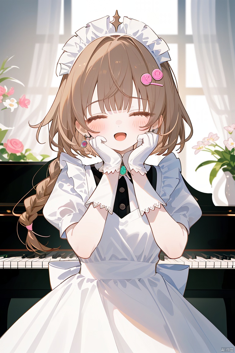 long hair, looking at viewer, blush, smile, open mouth, bangs, multiple girls, brown hair, hair ornament, gloves, long sleeves, dress, bow, holding, jewelry, closed eyes, braid, flower, short sleeves, earrings, frills, puffy sleeves, indoors, white gloves, 3girls, blunt bangs, necklace, white dress, blurry, :o, apron, black dress, puffy short sleeves, book, maid, maid headdress, window, rose, frilled dress, tiara, pink bow, instrument, pink dress, hand on own face, maid apron, music, hand on own cheek, book stack, piano, chandelier

Use soft, warm tones like pink, beige, or light purple to create a warm ambiance for the character.

Apply light color contrasts and layers in clothing and background, such as pale blue or off-white, to highlight the figure.

The light and shadow should be soft and natural, simulating natural light to achieve a warm and inviting effect.

blurry background, using light-toned, undisturbed backgrounds or natural elements like distant hills or gently fluttering curtains to complement the character's tranquility and softness.

Consider adding a few faint flowers or delicate plant details to enhance the harmony between the character and her environment.

Ensure smooth and graceful hand lines to convey the character's gentleness and delicacy.