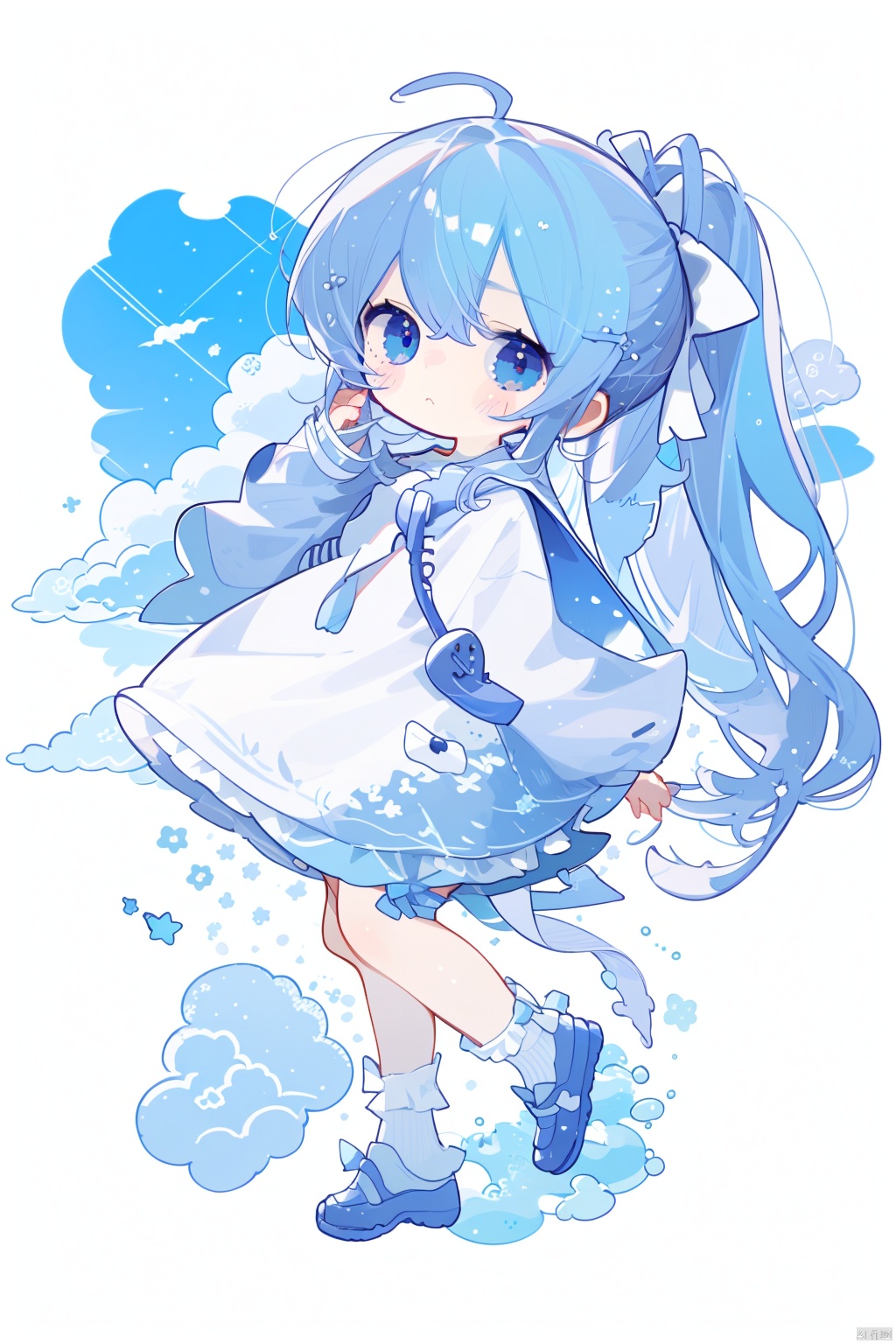 white background, solo,loli, blue hair,blue eyes,high ponytail,high ponytail, blush, frilled shirt collar,facula,spot,messy hair,fipped hair,floating hair,(petite),(loli),(solo),blank stare, white ribbon, (full body),blue sky,cloudy,white serafuku,white skirt,