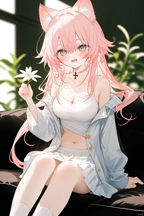  Character Features:

1girl, solo, long hair, breasts, blurry_background, blush, smile,1girl,skinny,fair_skin,Pink hair,collarbonea,bare shoulders,big chest,navel,white taut_shirt,lace-trimmed_skirt,socks,animal ear fluff, cross, holding flower,living room
Color Suggestions:

Use soft, warm tones like pink, beige, or light purple to create a warm ambiance for the character.

Apply light color contrasts and layers in clothing and background, such as pale blue or off-white, to highlight the figure.

The light and shadow should be soft and natural, simulating natural light to achieve a warm and inviting effect.

Background Suggestions:

Keep it simple, blurry background, using light-toned, undisturbed backgrounds or natural elements like distant hills or gently fluttering curtains to complement the character's tranquility and softness.

Consider adding a few faint flowers or delicate plant details to enhance the harmony between the character and her environment.


Posture and Movement:



Relaxed and natural posture,sitting at the sofa,beside the window,

Ensure smooth and graceful hand lines to convey the character's gentleness and delicacy.


I hope these suggestions inspire you as you create your gentle female character. Remember to relax and enjoy the process, infusing the character with your own emotions and stories., nai3