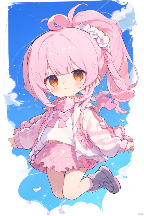 white background, solo,loli,Pink hair,brown eyes,high ponytail,high ponytail, blush, frilled shirt collar,facula,spot,messy hair,fipped hair,floating hair,(petite),(loli),(solo),(pink open jacket),blank stare, pink ribbon, (full body),blue sky,cloudy,white serafuku,white skirt,goldfish