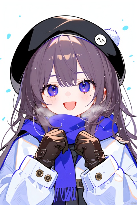 petite,1girl, kazano_hiori, solo, gloves, mole_under_mouth, mole, black_hair, scarf, hat, looking_at_viewer, smile, long_hair, upper_body, blush, snowing, open_mouth, bangs, winter_clothes, snow, long_sleeves, coat, :d, blue_eyes, beret, white_headwear, brown_gloves, purple_eyes