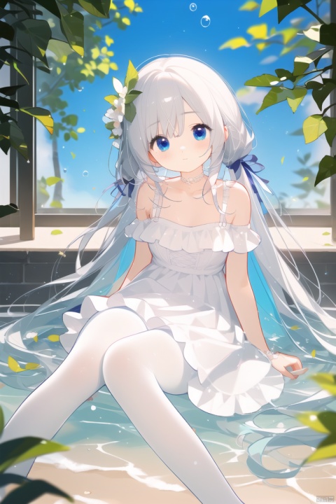  (masterpiece), (best quality), illustration, ultra detailed, hdr, Depth of field, (colorful),Artist weri, 1girl, solo, looking at viewer, blue sky, leaf, long hair, holding leaf, blue eyes, bare shoulders, collarbone, chocker, [artist:hoshi \(snacherubi\),] full body, white pantyhose, breasts, white background, best quality, masterpiece, bubble, pantyhose pull depth of field, hand up, blurry background,
