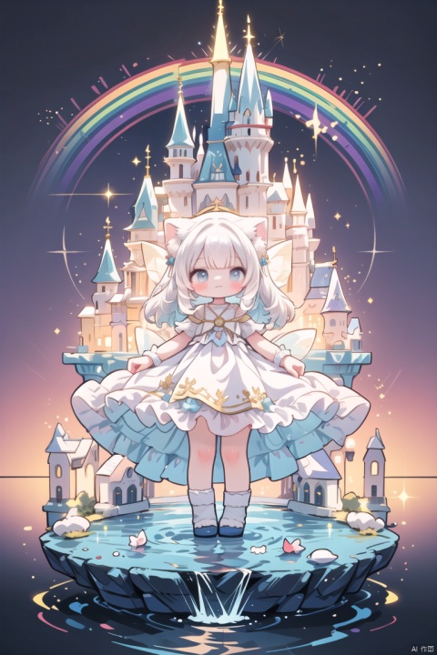 (masterpiece, highly detailed, fantasy setting), a digital artwork depicting a captivating scene of a white-haired loli cat girl, dressed in a pure white gown, gracefully adorned with delicate lace and ribbons, (playful expression:1.2), radiating innocence and joy, (dreamy atmosphere:1.1), enveloping the scene in a magical aura, (fairy tale castle:1.2), towering in the background with its majestic spires, (rainbow bridge:1.3), spanning across a shimmering river, painted with vibrant hues, (whimsical ambiance:1.1), evoking a sense of wonder and enchantment, (graceful pose:1.2), showcasing the cat girl's elegant and fluid movements, (subtle lighting:1.1), casting a soft glow on the surroundings, capturing the essence of a white-haired loli cat girl in a mesmerizing fairy tale setting, dancing gracefully on the rainbow bridge amidst the splendor of the castle, inviting viewers to immerse themselves in a world of magic and whimsy. 